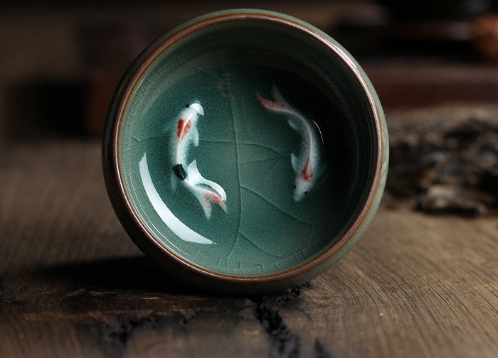 Celadon Tee-Set, Verkostung Tasse, Kleine Fisch Tee Tasse, Geyao Eis Geknackt Glasierte Karpfen Tasse, kleine Tee Schüssel