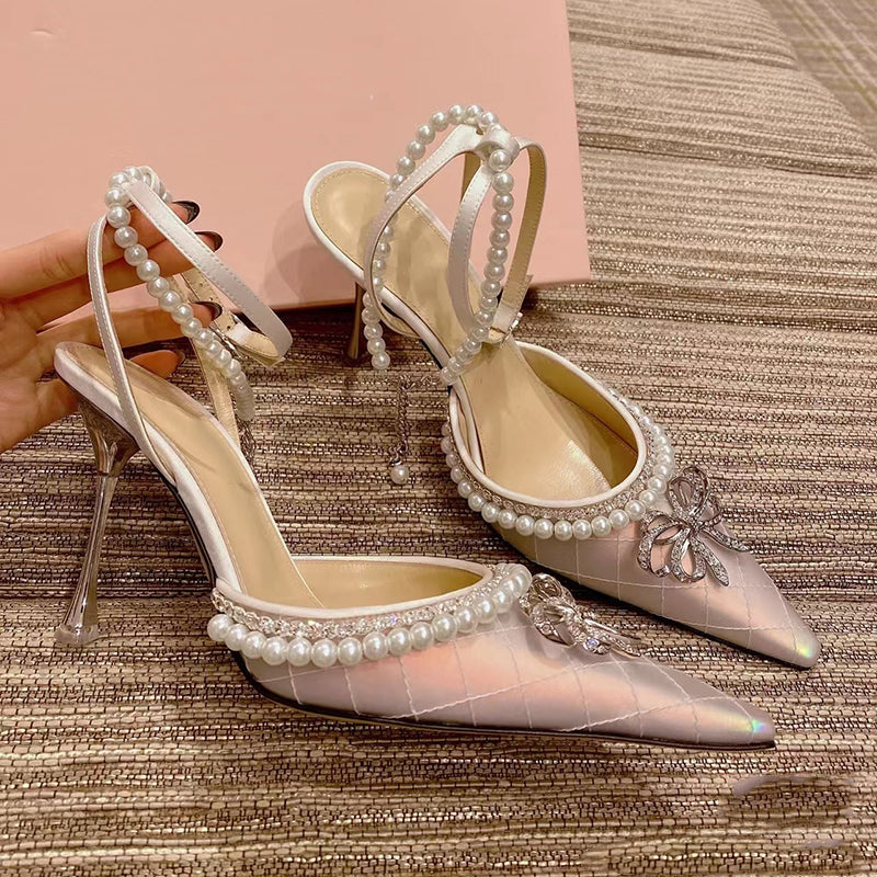 French Rhinestone Bow Pearl Stiletto High Heels