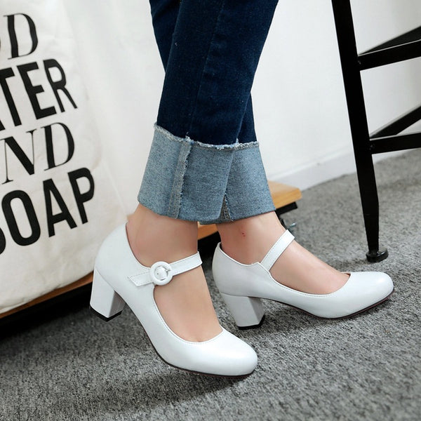 Buckle High Heels Spring Round Head Leisure Low Top Large Size Women'