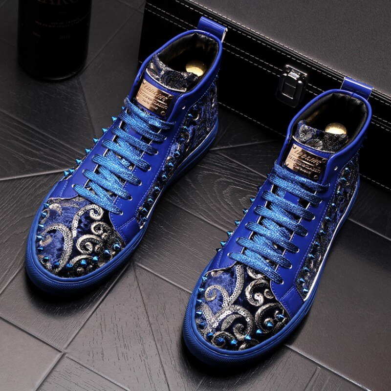 Blue Sequined Color-Block Sports Sneakers