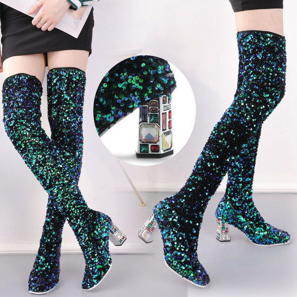 Fashion Sexy Sequin Round Head Hit Color Thick High Heel