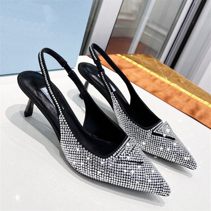 Triangle Pointed Rhinestone Cat Heel Sandals