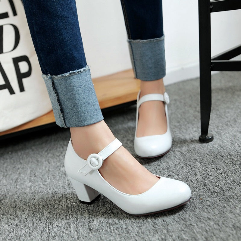 Buckle High Heels Spring Round Head Leisure Low Top Large Size Women'