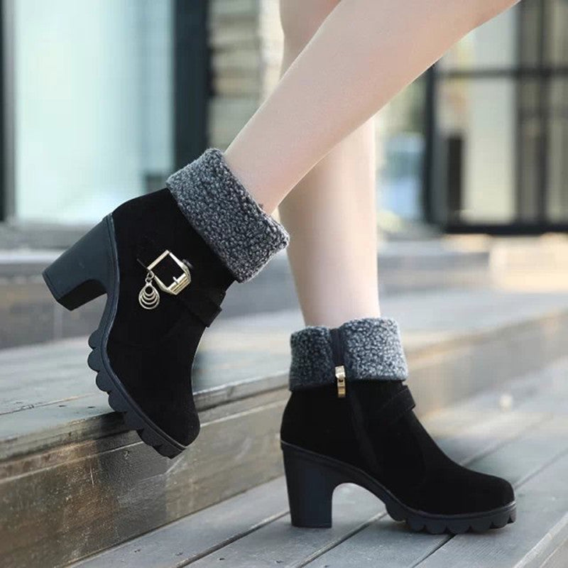 Belt Buckle Flanging High-heel Warm Women'