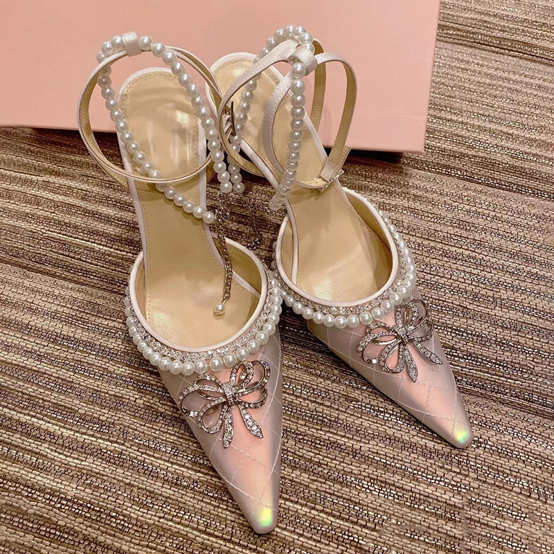 French Rhinestone Bow Pearl Stiletto High Heels