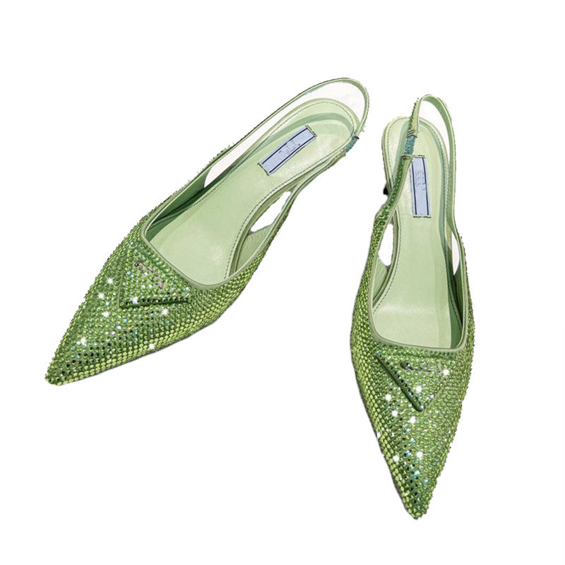 Triangle Pointed Rhinestone Cat Heel Sandals