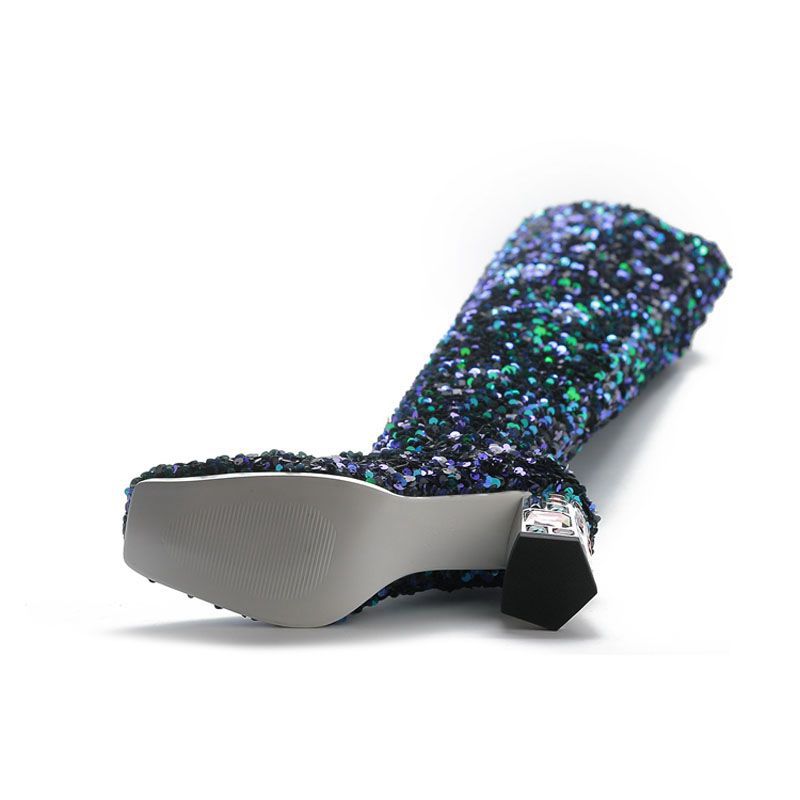 Fashion Sexy Sequin Round Head Hit Color Thick High Heel