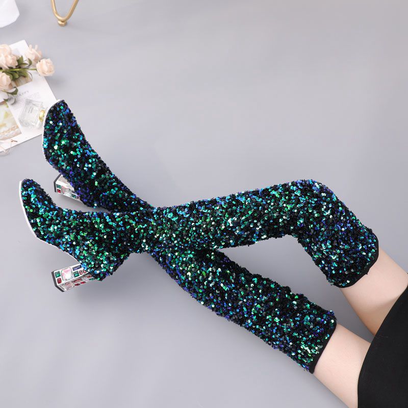 Fashion Sexy Sequin Round Head Hit Color Thick High Heel